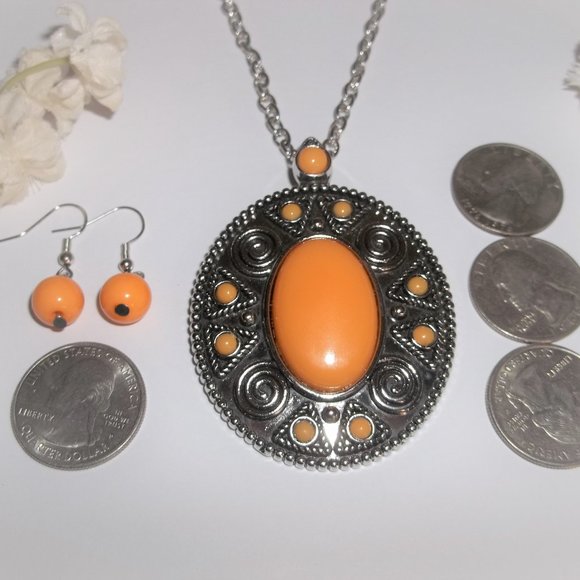 Jewelry Set Long Necklace & Earring Beaded Orange Silver Boho Style Woman A541 - Picture 3 of 6